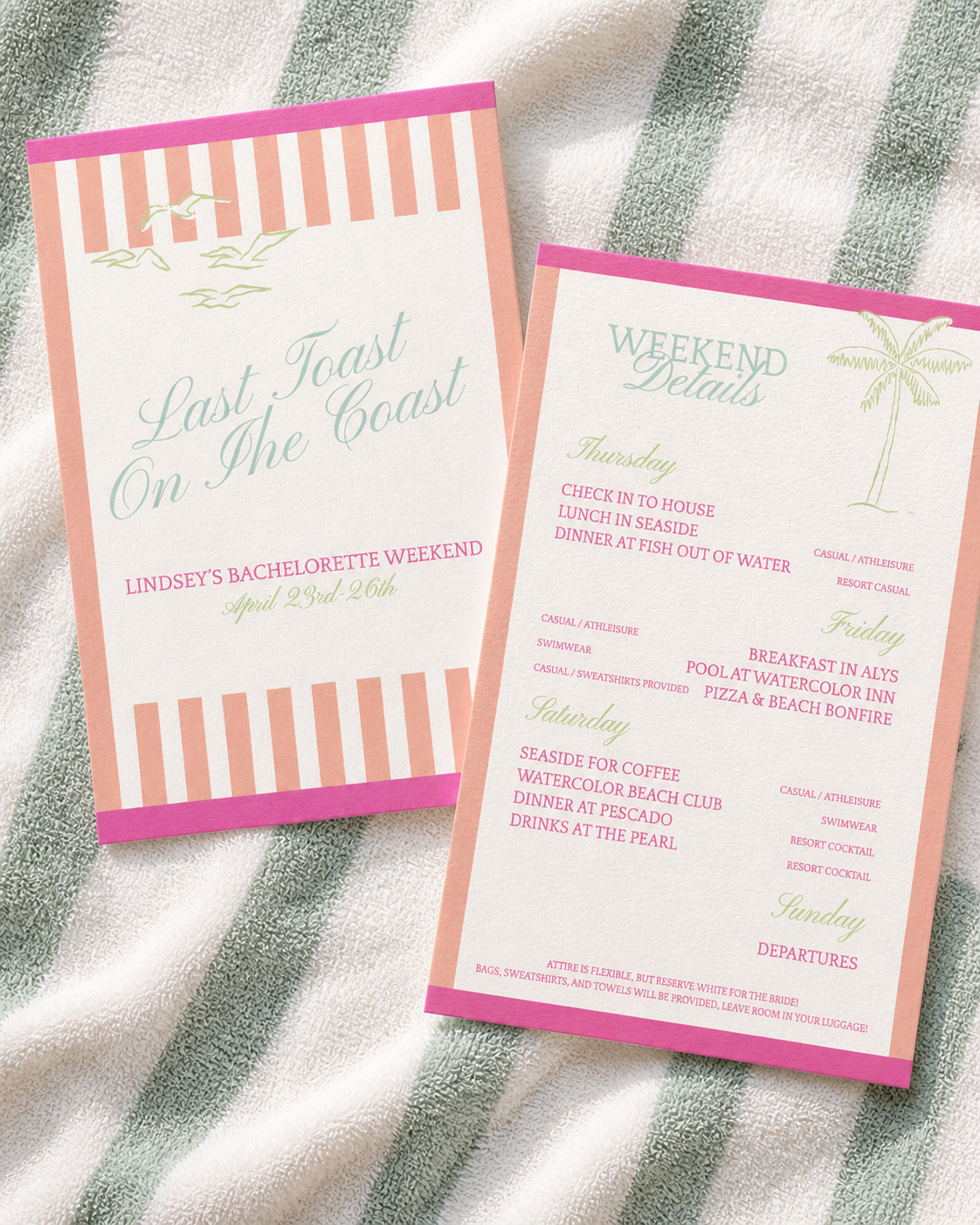 A bachelorette weekend itinerary with striped cover and watercolor palm motif.