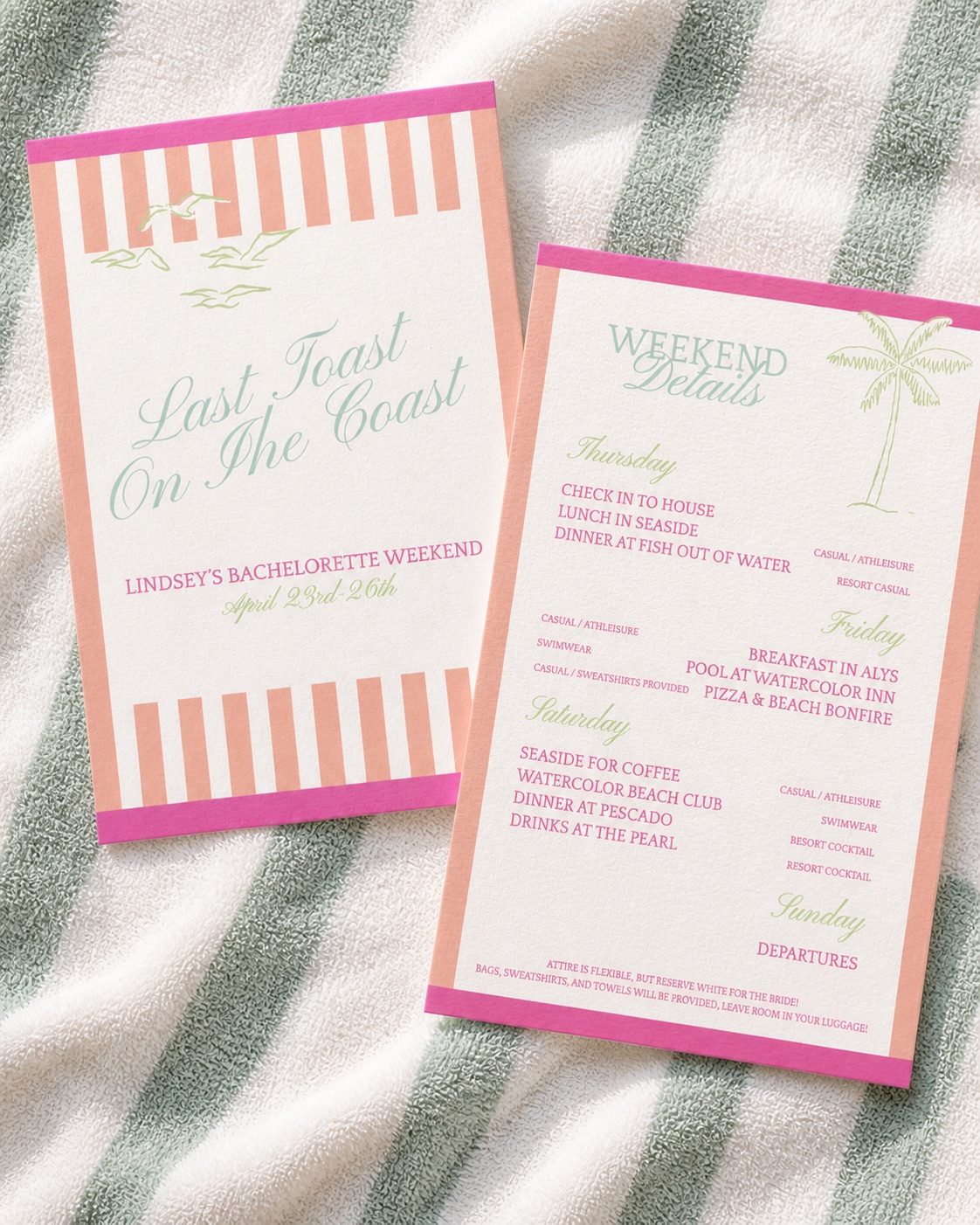 A bachelorette weekend itinerary with striped cover and watercolor palm motif.