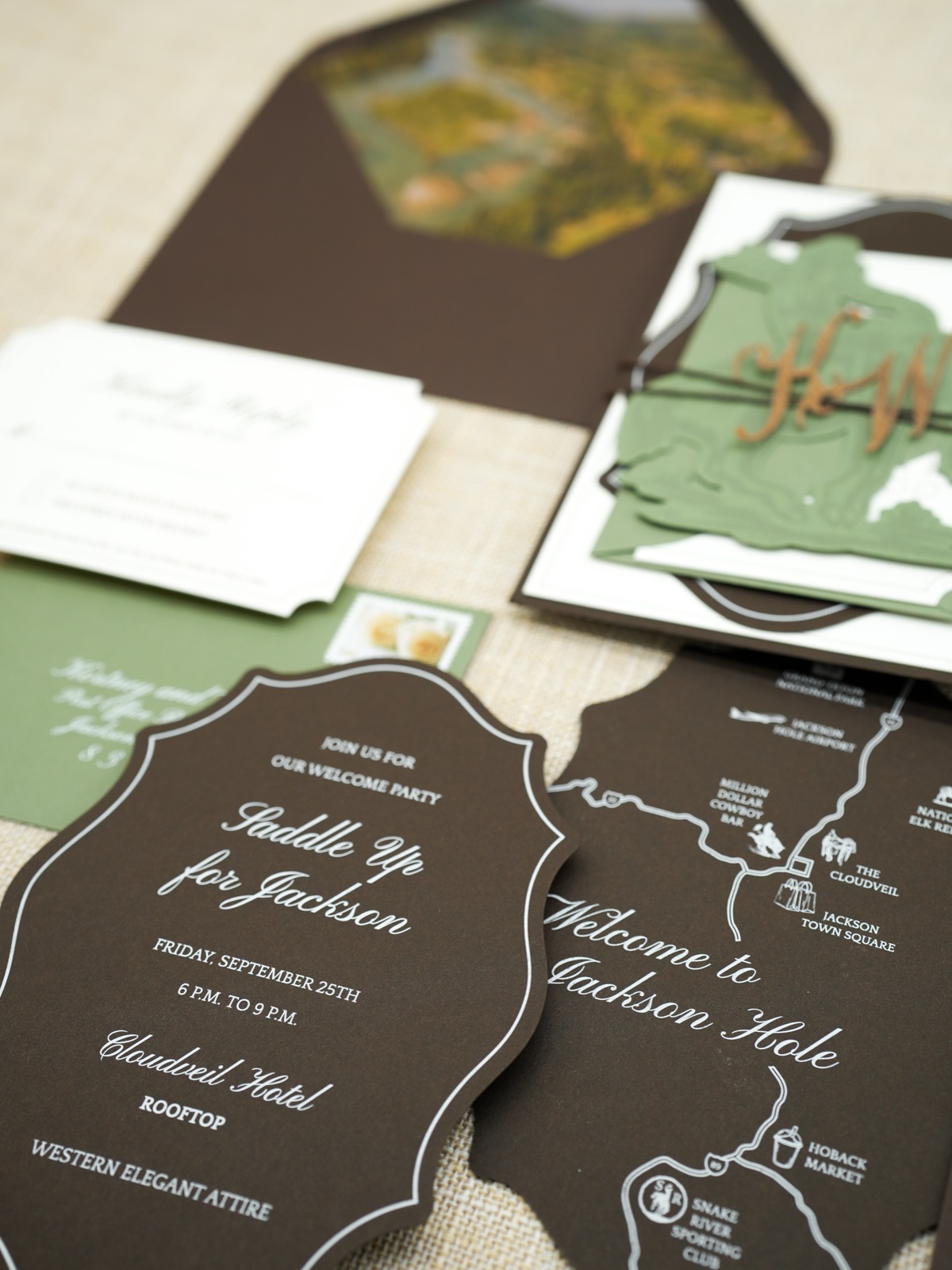 Chocolate brown weekend details cards with a hand-drawn map and white lettering.