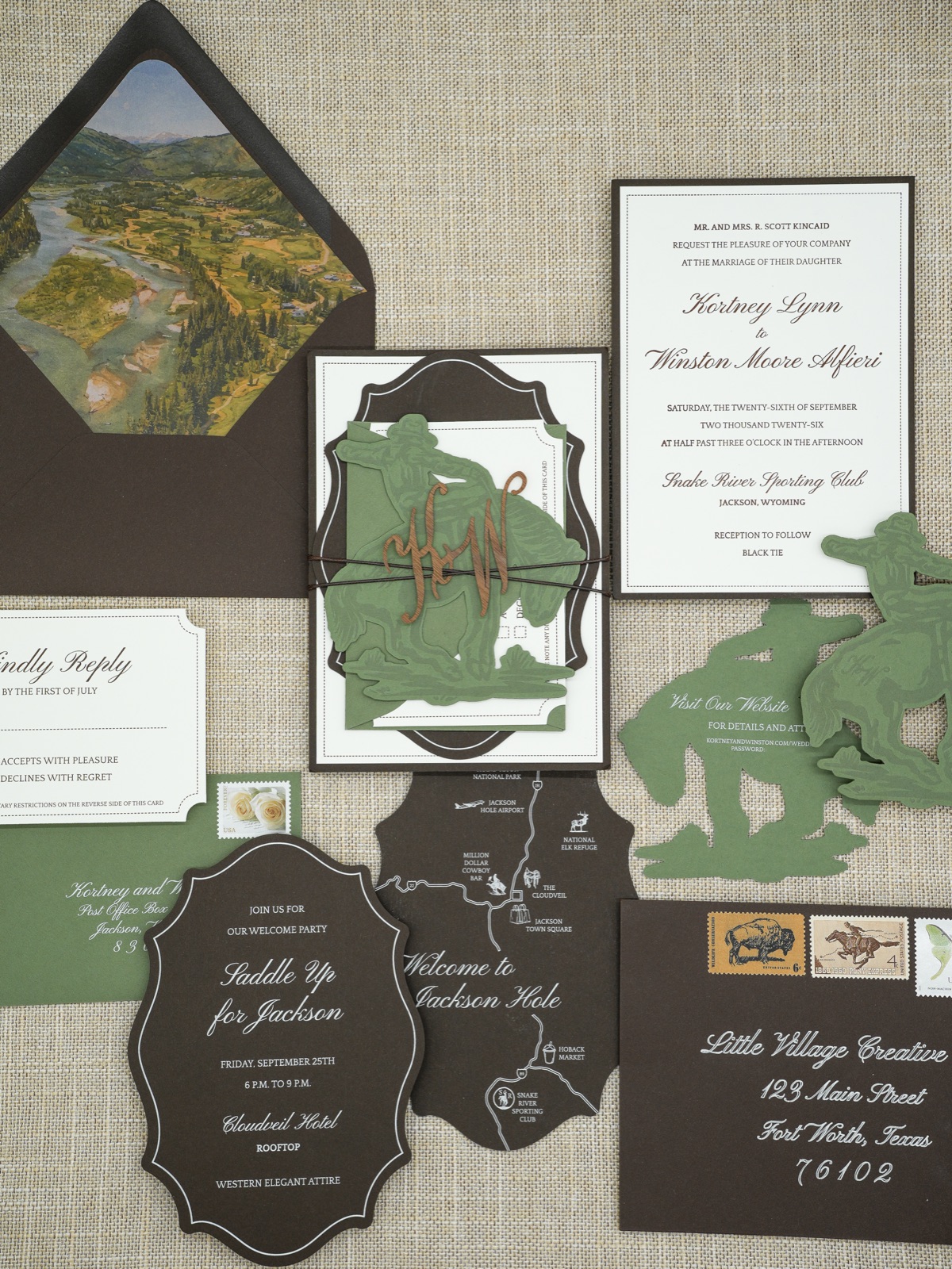 The full suite spread: invitation, reply card, weekend cards, watercolor liner, and vintage stamps.