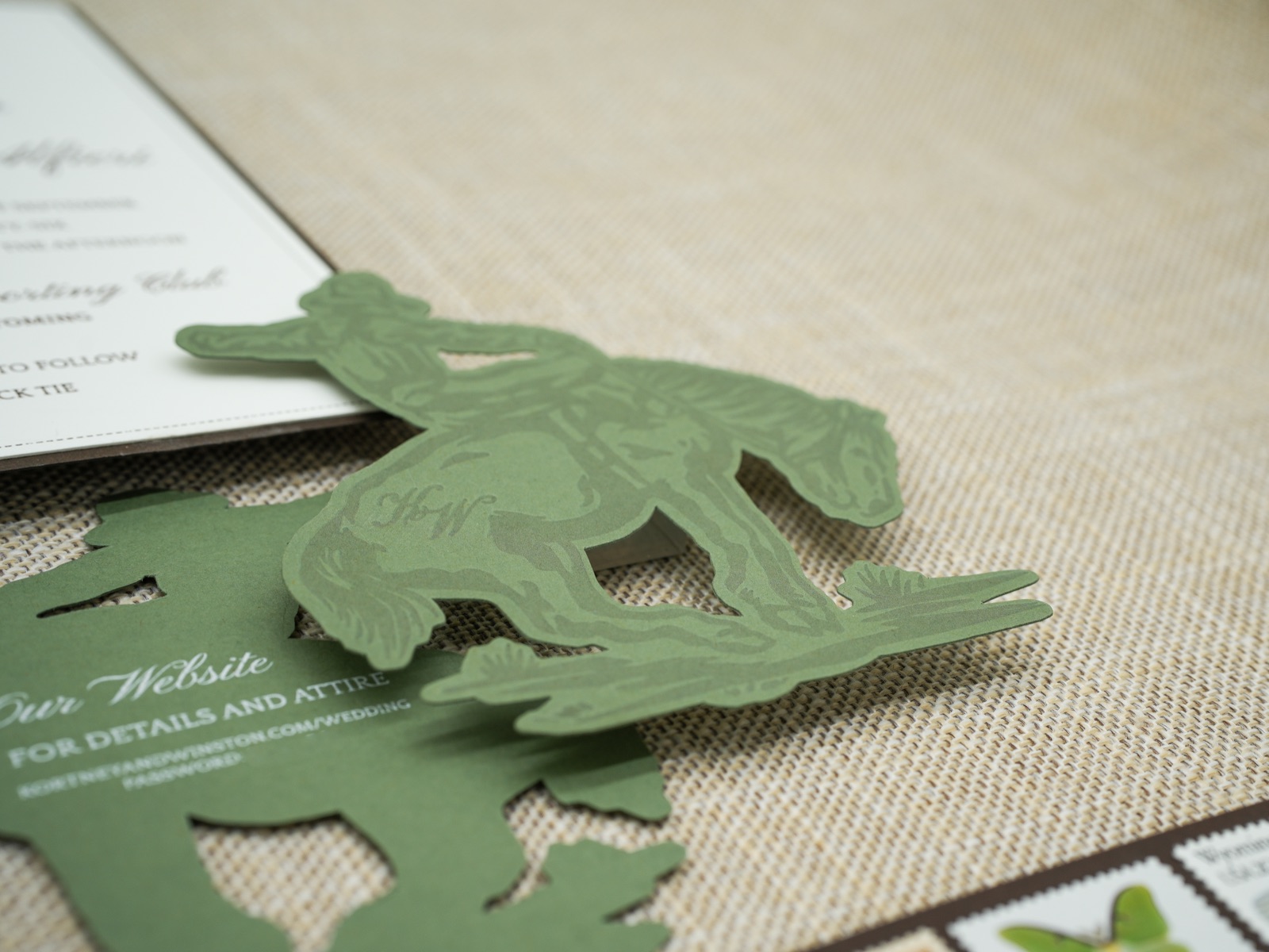 The die-cut sage bronc rider silhouette resting over the website card.