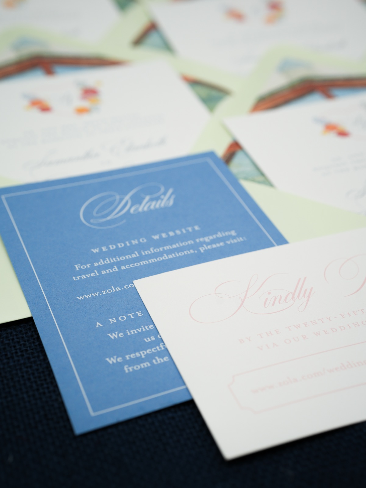 A French blue details card layered with the blush reply card.