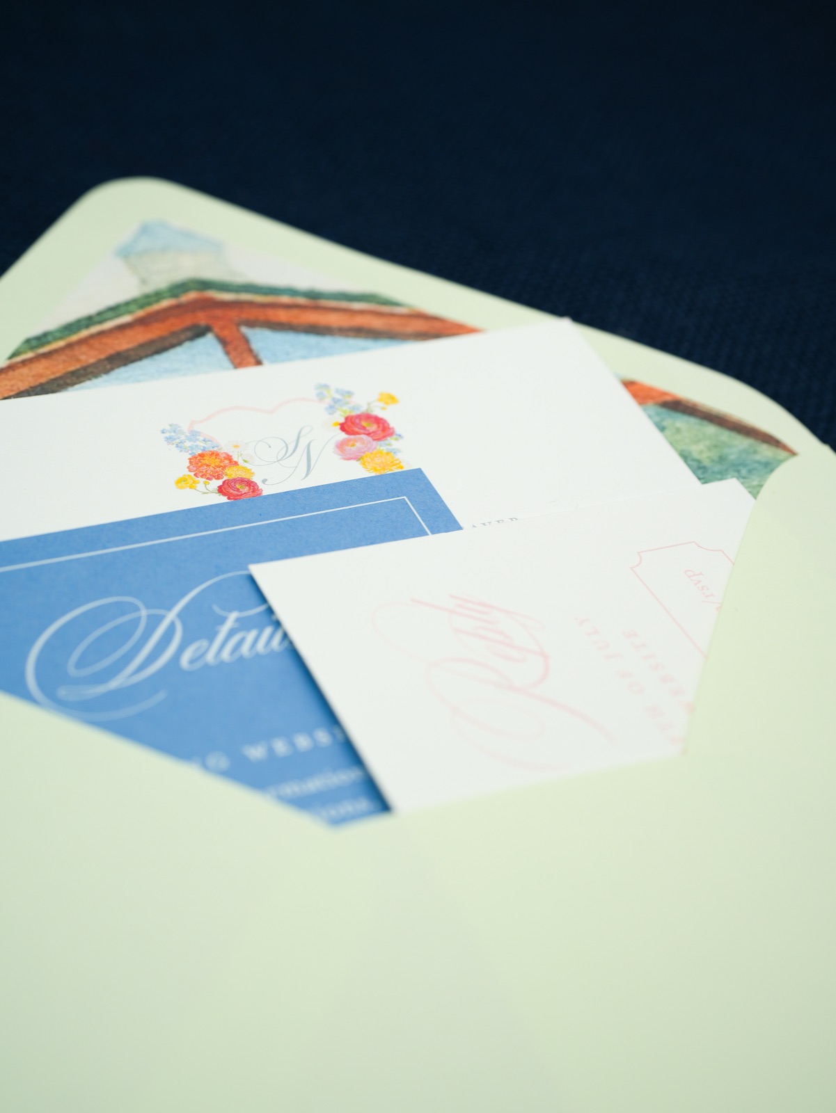 The details card tucked into a chapel-lined envelope.