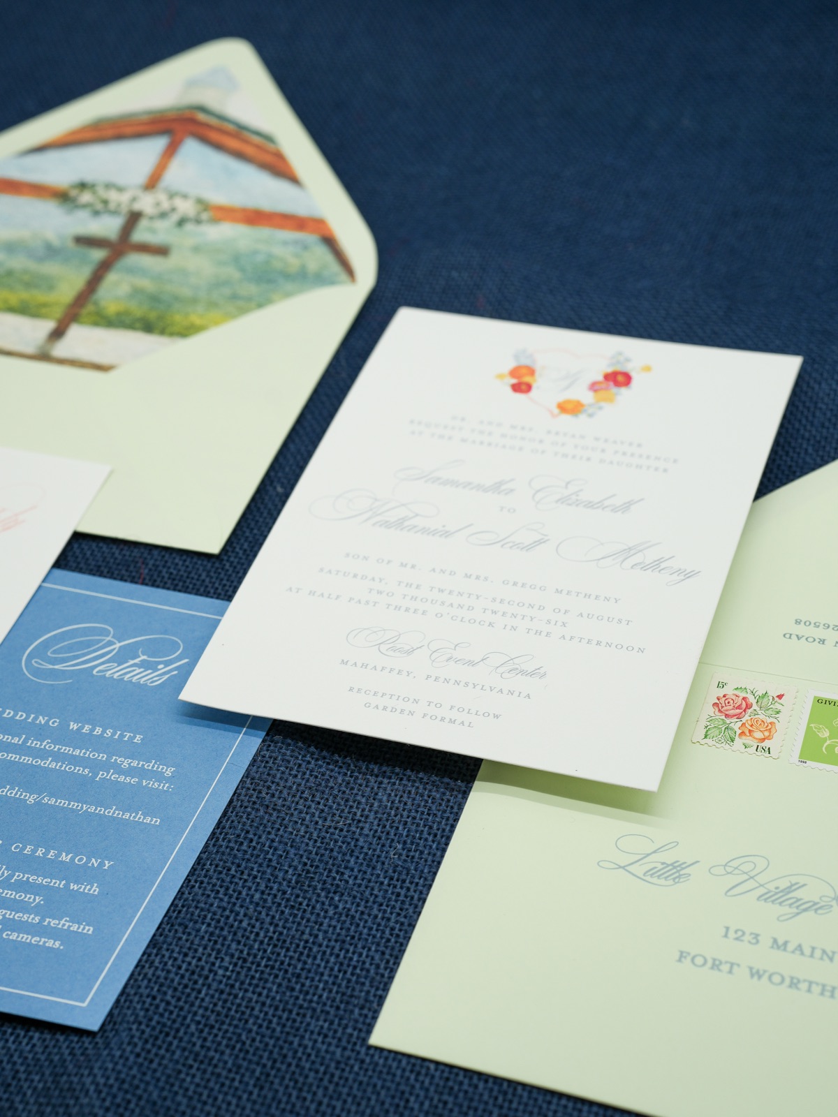 The invitation over the chapel liner with the blue details card.