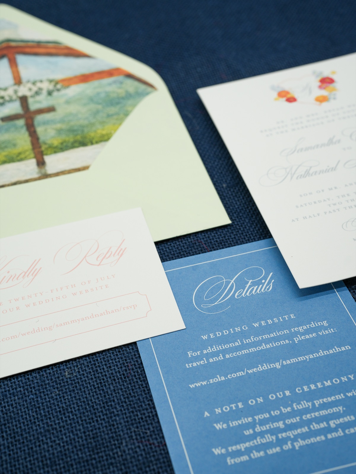 The reply card and details card beneath the chapel liner.