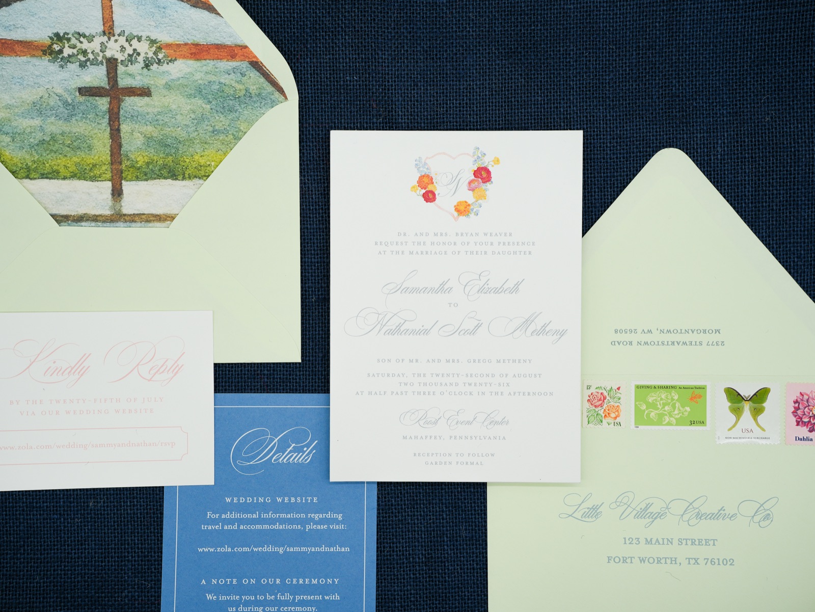 The full suite laid flat with lined envelopes and vintage stamps.