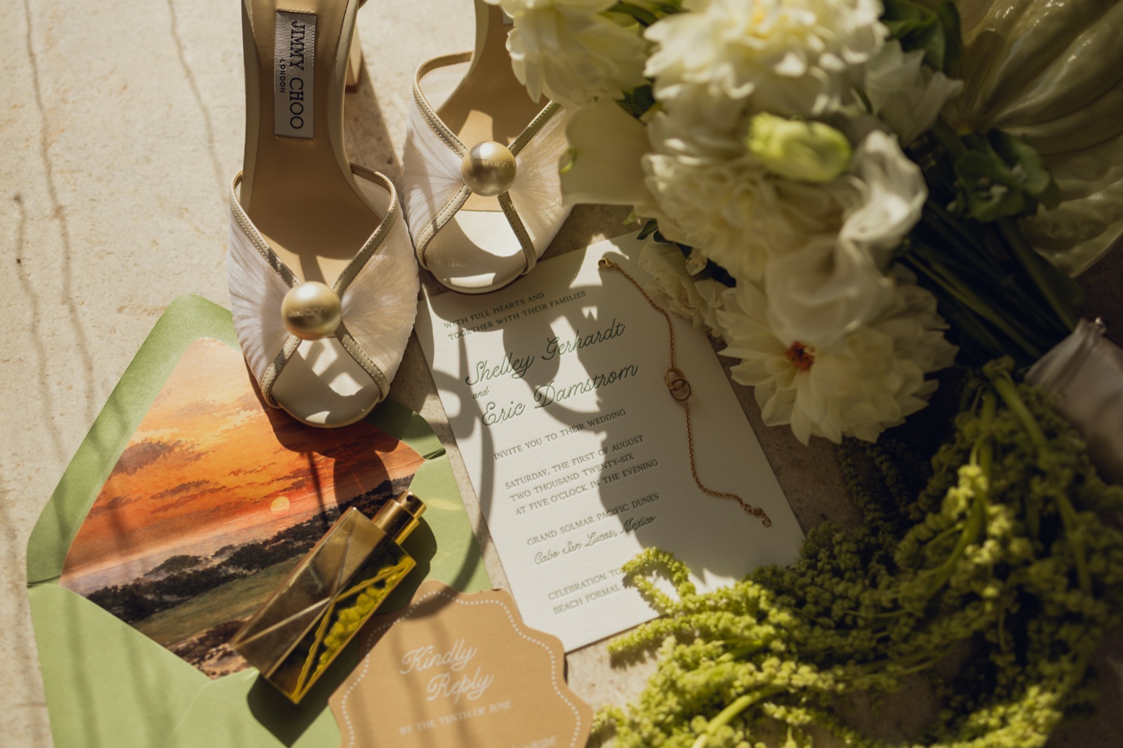 The suite styled with dahlias and pearl heels.
